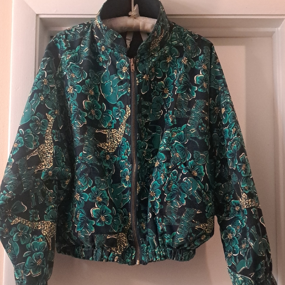 Lilly Pulitzer Reversable Green Floral Jungle Animal Print Bomber Jacket  M EUC